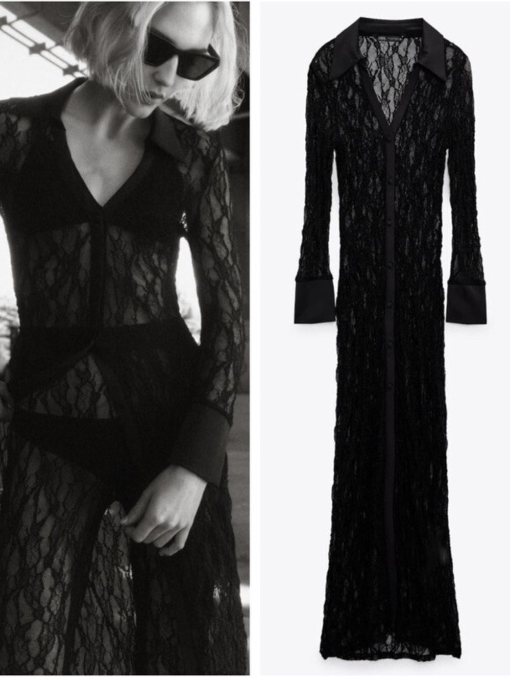 Zara Black Sheer Lace Long-Sleeve Maxi Dress